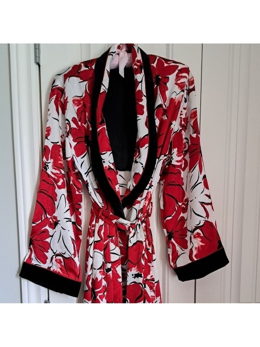JONES NEW YORK VTG long robe bold poppy floral shawl collar cuffs coastal SM